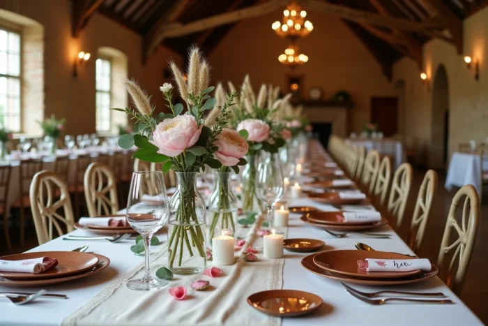 Table de réception de mariage élégamment décorée avec des fleurs, des bougies et une vaisselle raffinée dans une grange en pierre