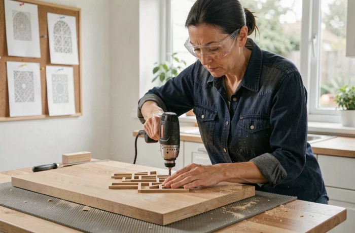 Femme utilisant une défonceuse pour découper un motif géométrique de moucharabieh en bois