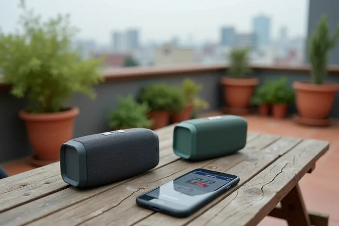Deux enceintes Bluetooth posées sur une table en bois en terrasse urbaine avec une application de connexion simultanée sur smartphone
