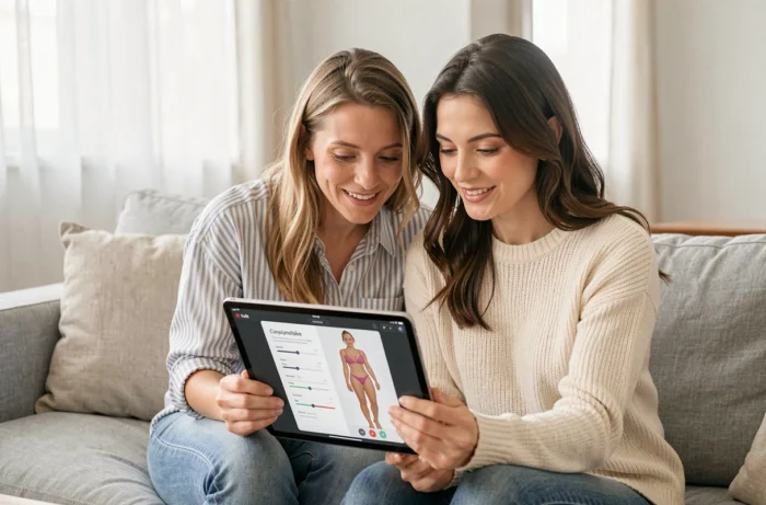 Deux femmes consultant une application de silhouette virtuelle sur tablette dans un salon