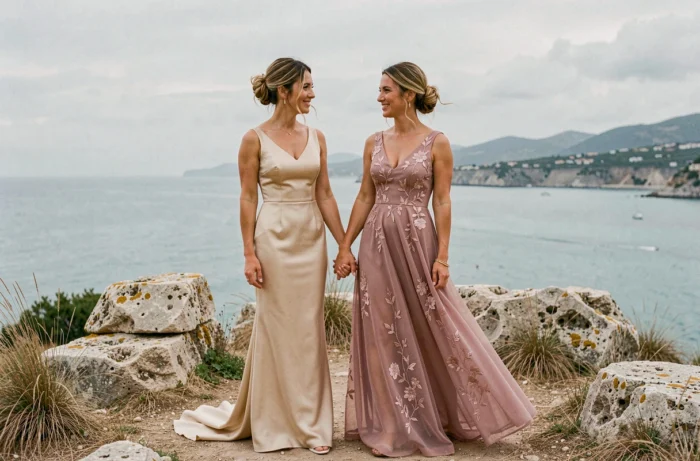Deux mariées se tenant la main sur une falaise surplombant la mer Méditerranée, robes de mariée satin champagne et chiffon rose poudré, tendances mariage inclusif 2024