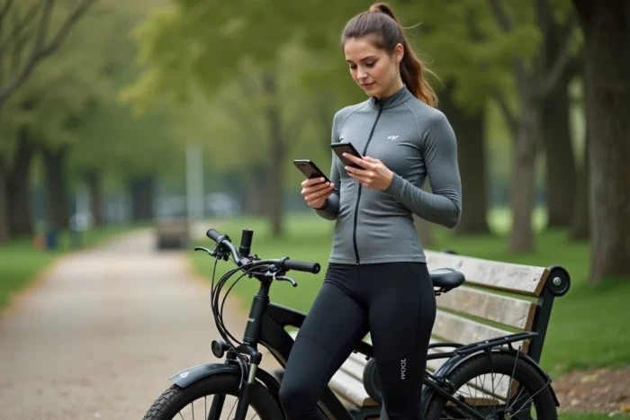 Femme consultant son téléphone pour diagnostiquer une panne sur son vélo électrique Decathlon dans un parc