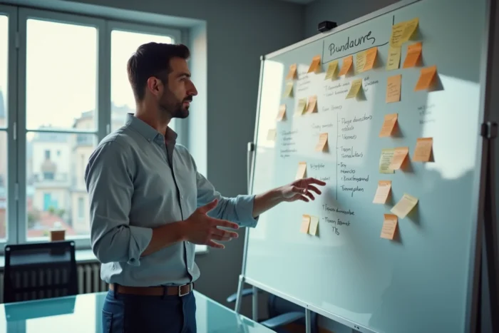 Chef d'entreprise présentant un plan de développement stratégique sur un tableau blanc dans un bureau de startup français