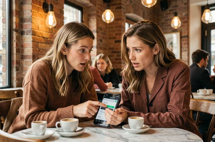Deux femmes discutant des tests et vérités sur les produits Kimeo France dans un café parisien