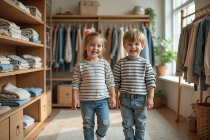Enfants dans une boutique de location de vêtements éco-responsables avec des rayonnages en bois organisés