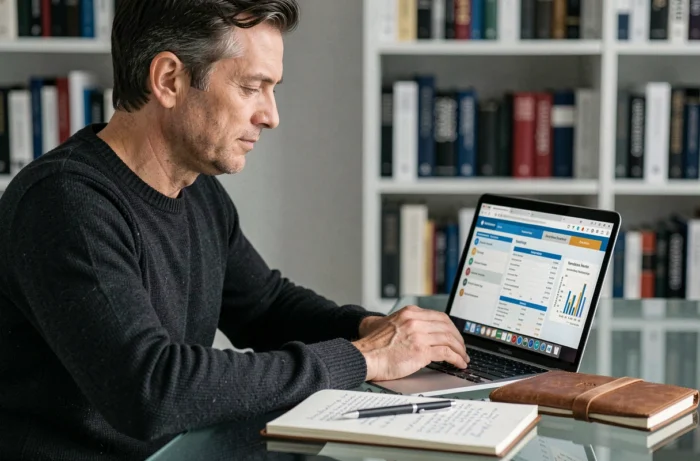 Entrepreneur travaillant seul sur un business plan depuis son bureau à domicile avec un ordinateur portable