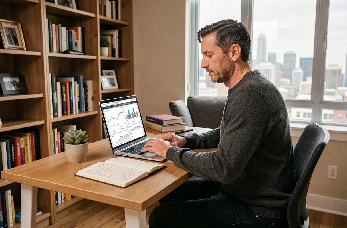 Entrepreneur travaillant sur sa stratégie marketing digitale depuis un bureau à domicile avec des métriques SEO