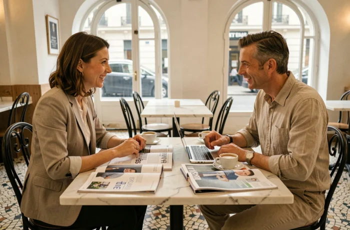 Deux entrepreneurs discutant autour du magazine SLR dans un café parisien