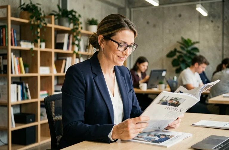 Entrepreneuse lisant le magazine SLR dans un espace de coworking moderne