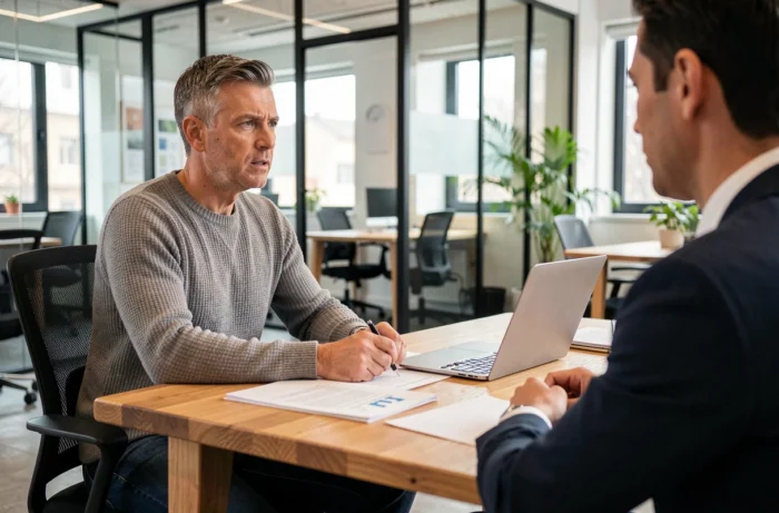 Homme en entretien avec un conseiller en financement de formation professionnelle dans un espace de co-working moderne