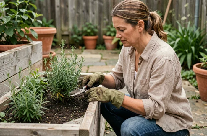 Femme qui taille des herbes aromatiques dans un jardin potager en bois avec des gants de jardinage