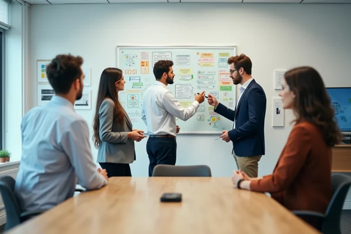 Équipe professionnelle diversifiée en séance de brainstorming autour d'un tableau blanc dans une salle de réunion moderne