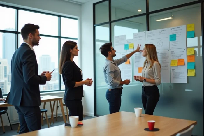 Équipe de professionnels collaborant autour de schémas organisationnels dans un espace de coworking