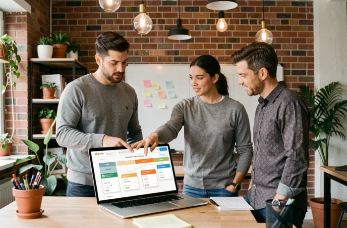 Équipe d'entreprise discutant d'une stratégie CRM autour d'un ordinateur portable dans un espace de travail moderne