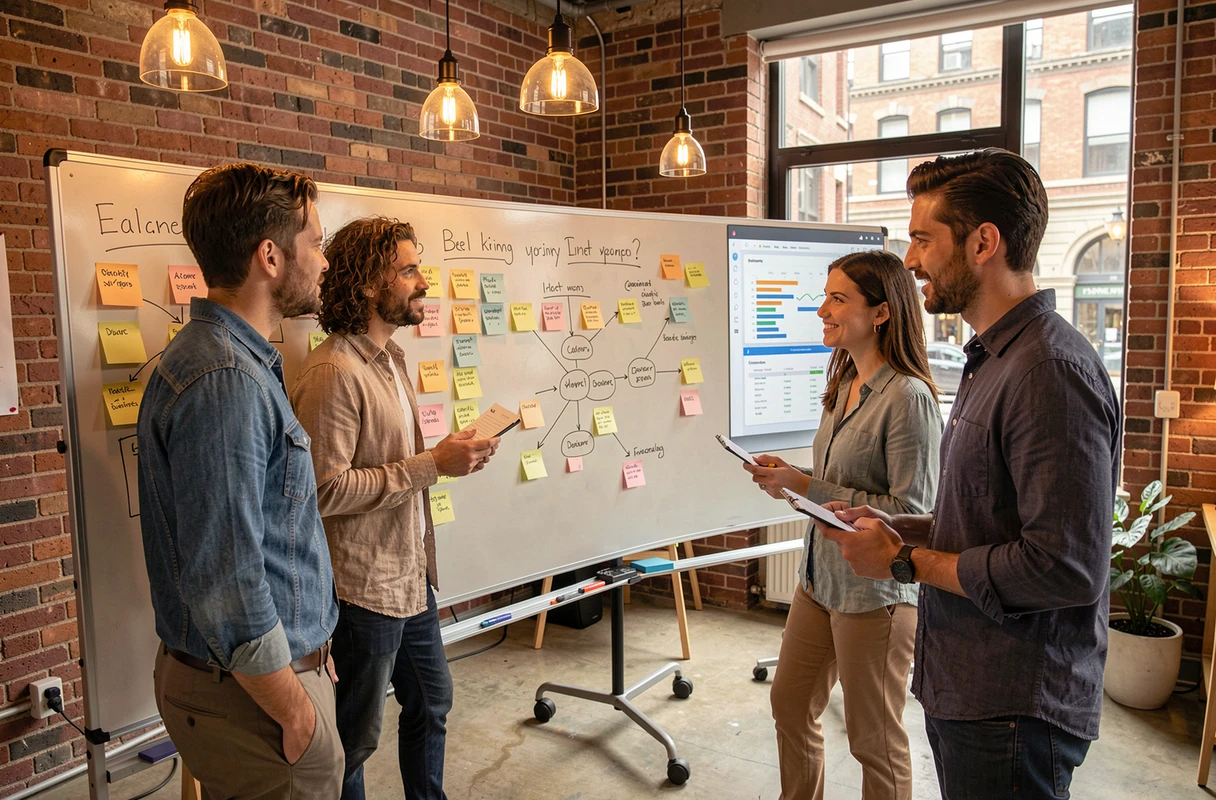 Équipe marketing collaborant autour d'un tableau blanc pour élaborer une stratégie digitale en agence