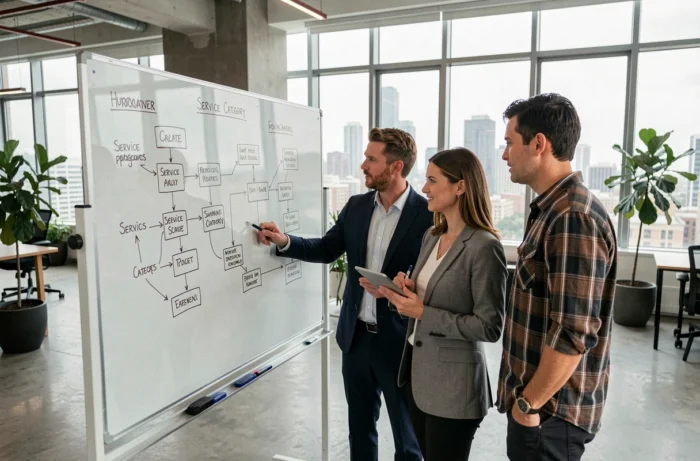 Équipe professionnelle en réunion autour d'un tableau blanc pour élaborer les services clés d'un business plan