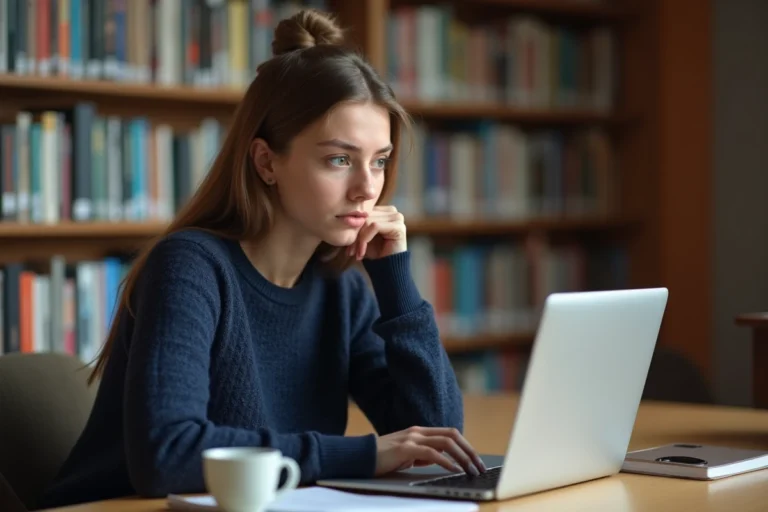 Étudiante en alternance consultant ses résultats scolaires sur un portail numérique dans une bibliothèque universitaire en Normandie