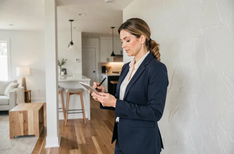 Experte immobilière évaluant la valeur d'une maison moderne avec une tablette numérique dans un salon contemporain