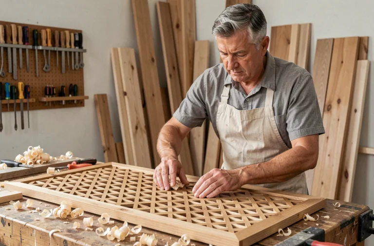 Artisan assemblant un moucharabieh en bois sur un établi dans un atelier de bricolage à domicile
