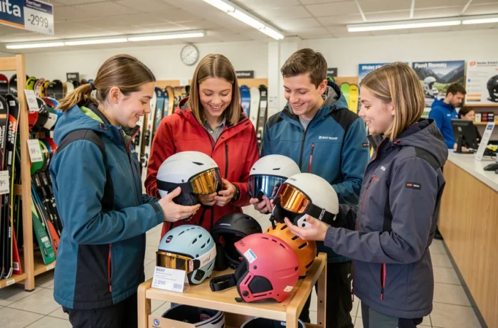 Famille choisissant des équipements de ski en location dans un magasin à Font Romeu