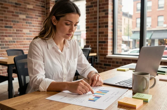 Femme d'affaires analysant un business plan sur un bureau en bois dans un espace de coworking moderne