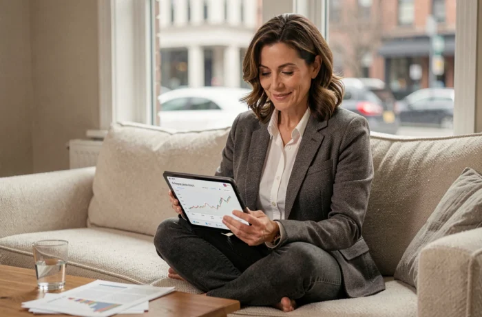 Femme d'affaires consultant un rapport de revenus en ligne sur une tablette depuis son salon pour optimiser ses gains digitaux