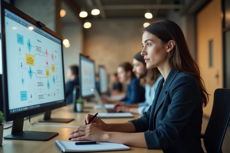 Femme professionnelle analysant un diagramme de fonctionnement sur écran dans un bureau moderne