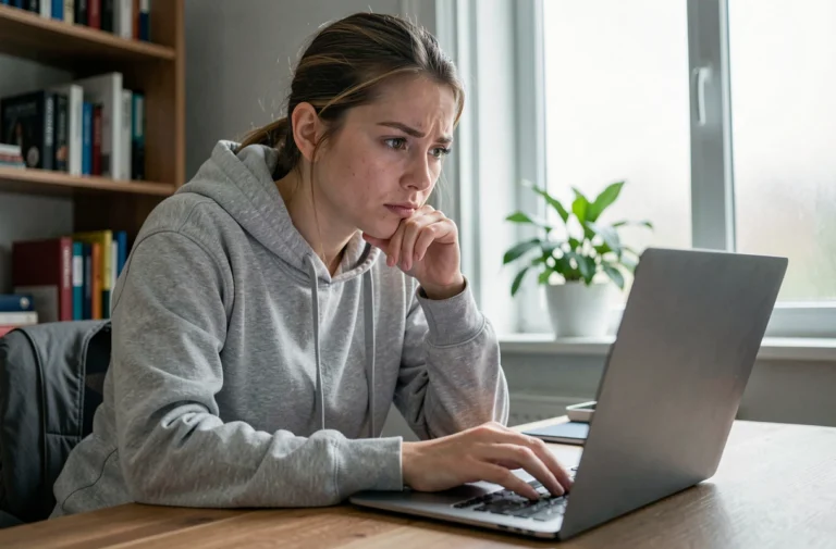 Femme analysant une plateforme mystérieuse sur son ordinateur portable dans un bureau à domicile