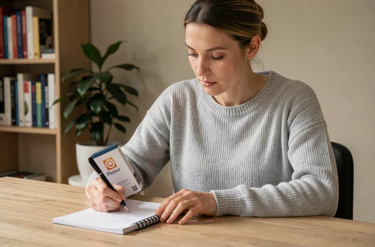 Femme analysant un produit Kimeo France avec des notes manuscrites dans un bureau à domicile moderne