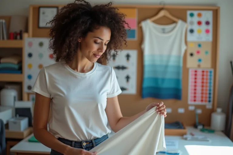 Femme examinant un t-shirt personnalisé imprimé dans un atelier textile, comparant les techniques d'impression sur tissu