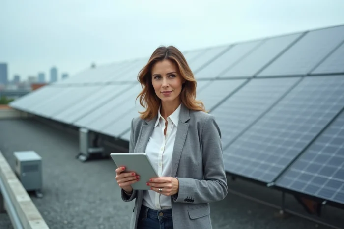 Femme cadre consultant des indicateurs ESG sur une tablette devant une installation de panneaux solaires sur un toit d'entreprise