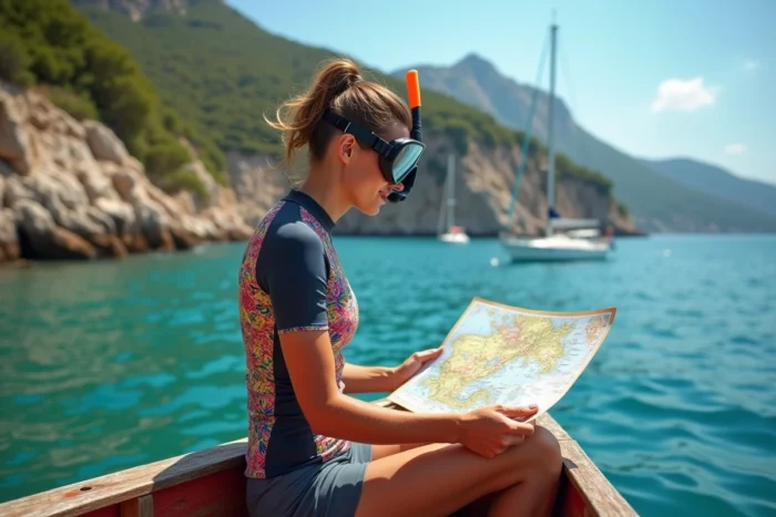 Femme consultant une carte de plongée et snorkeling depuis un bateau dans une crique de Corse du Nord
