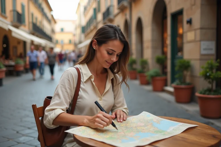 Femme consultant une carte papier dans un café en plein air sur une place européenne pavée, planifiant son voyage