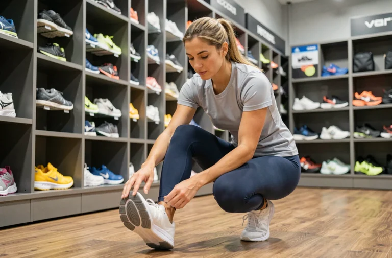 Femme examinant une chaussure de running dans un magasin de sport pour choisir le bon équipement sportif en 2024