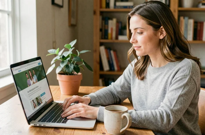 Femme consultant un site spécialisé santé sur son ordinateur portable dans un bureau à domicile chaleureux