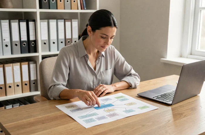 Femme consultant un plan de site imprimé sur un bureau en bois dans un bureau à domicile moderne