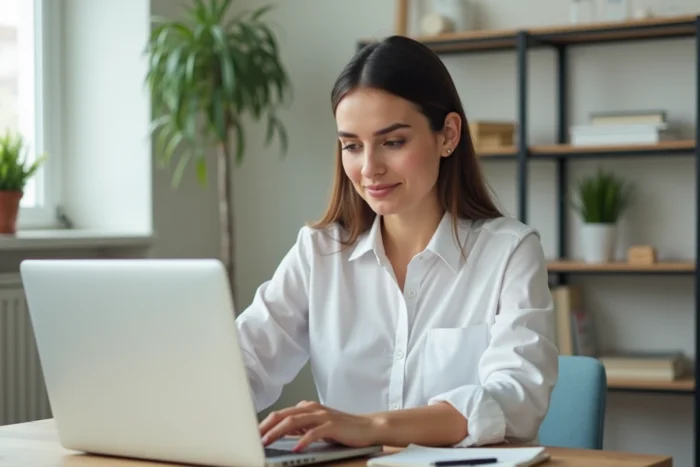 Femme consultant son CV en ligne sur un ordinateur portable dans un bureau à domicile moderne, illustrant la recherche d'emploi avec CVenligne