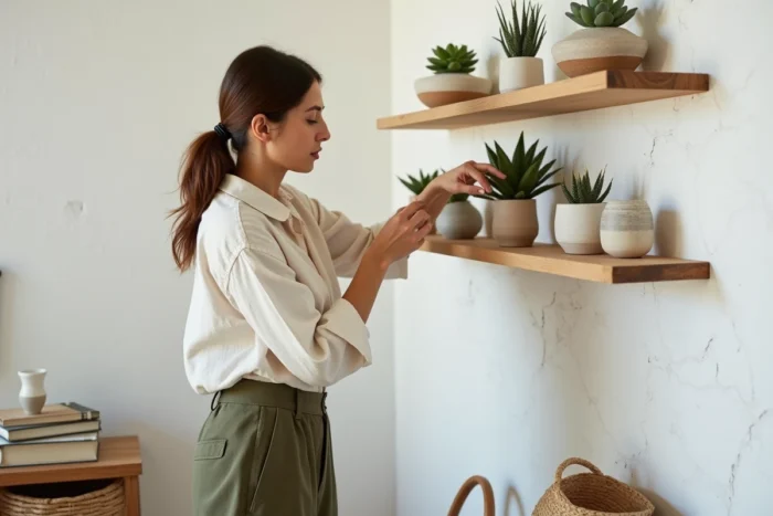 Femme arrangeant des objets décoratifs faits main sur une étagère en bois recyclé dans un atelier intérieur chaleureux