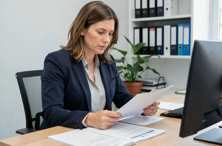 Femme consultant des documents de demande de financement de formation auprès du conseil régional dans un bureau administratif