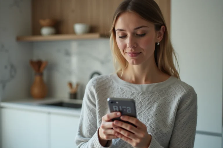 Femme tenant un iPhone affichant une application de mesure de température dans une cuisine moderne