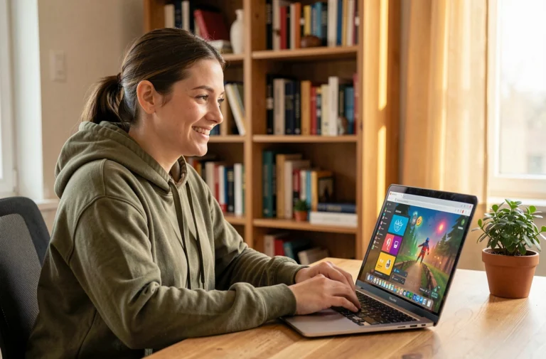 Jeune femme souriante jouant à des jeux en ligne gratuits sur son ordinateur portable dans un bureau à domicile chaleureux