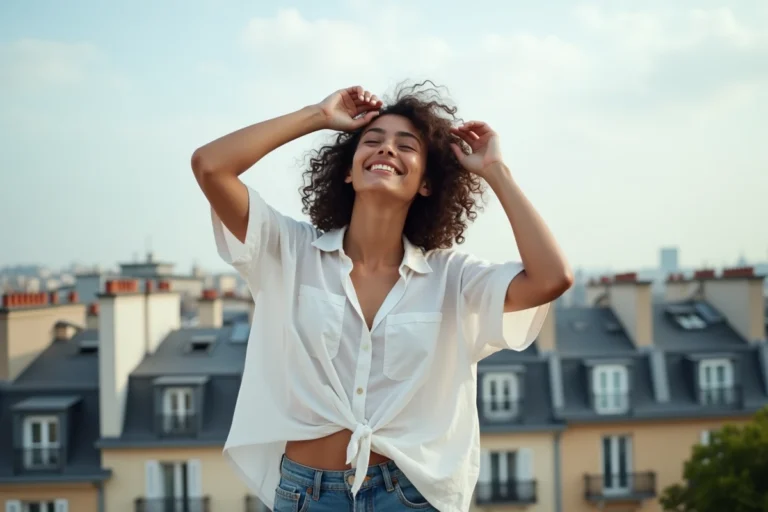 Jeune femme aux bras levés sur un toit parisien symbolisant la liberté et l'inspiration musicale française