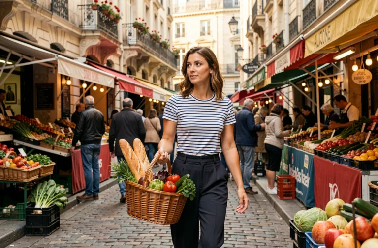 Femme parisienne au marché en plein air avec baguette et panier en osier, ambiance authentique de Paris
