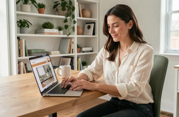 Femme naviguant sur la carte du site Maison Mania depuis son bureau à domicile