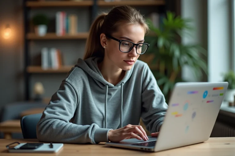 Femme parcourant le plan du site Sportivoz sur un ordinateur portable dans un bureau moderne