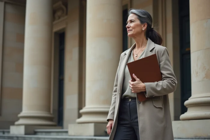 Femme politique devant un bâtiment institutionnel européen, symbole d'engagement civique et de résilience