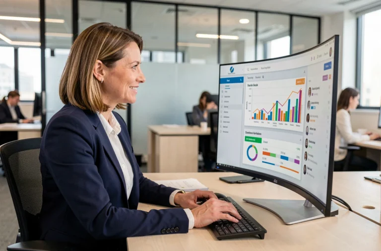 Femme professionnelle utilisant un logiciel CRM sur un écran d'ordinateur dans un bureau moderne