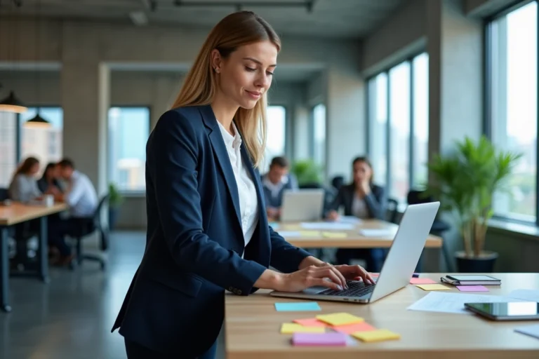 Femme professionnelle debout à un bureau moderne consultant un tableau de bord de productivité numérique dans un open space contemporain