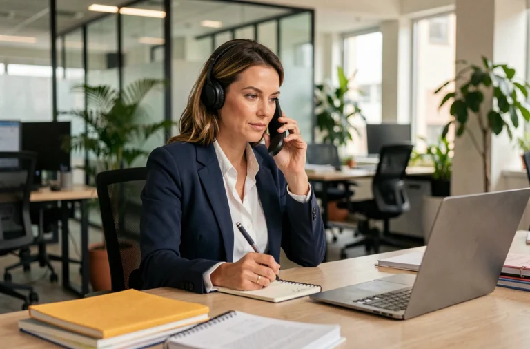 Femme professionnelle en blazer marine utilisant un téléphone fixe dans un bureau moderne pour des appels avec l'indicatif 04 12