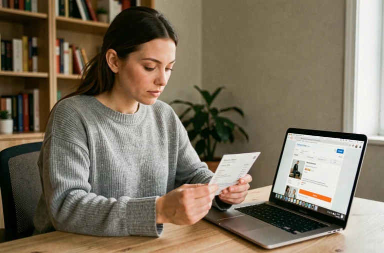 Femme consultant une facture d'achat en ligne sur ordinateur portable pour effectuer un retour sur Rakuten